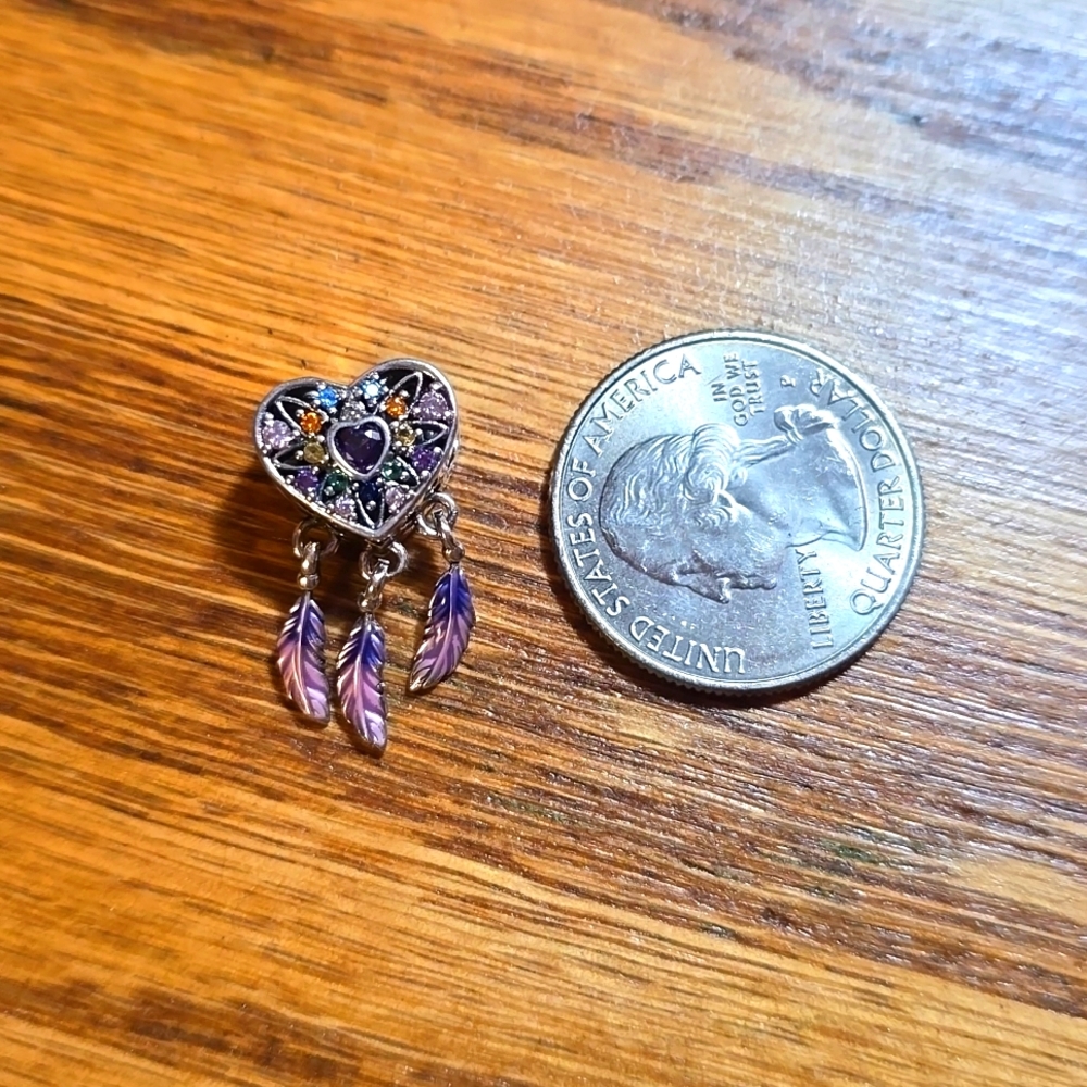 Beautiful heart pendant w/center purple stone & various stones! Feathers danging - Picture 4 of 4